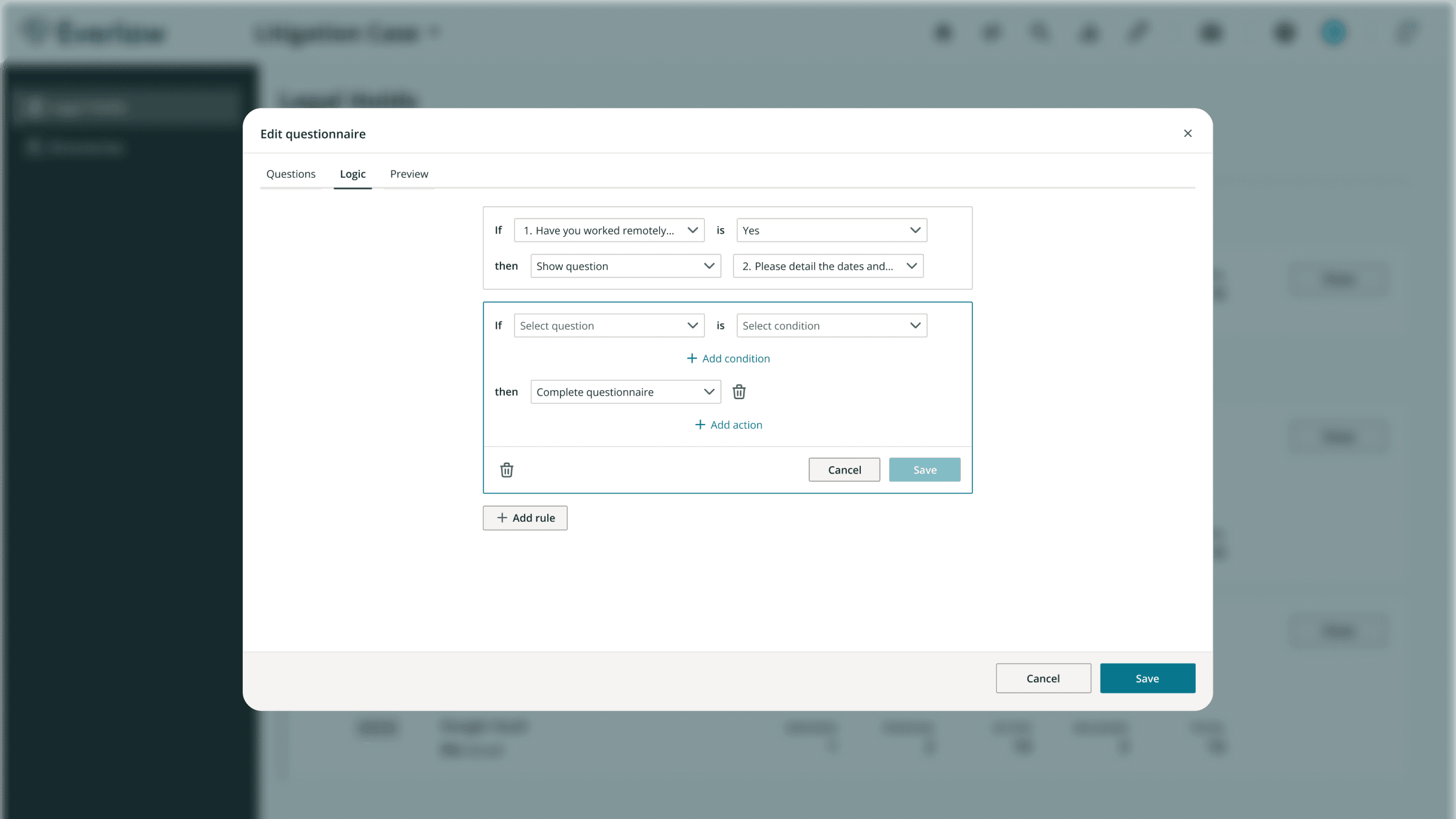 Logic builder screen showing conditional branching between questionnaire questions.