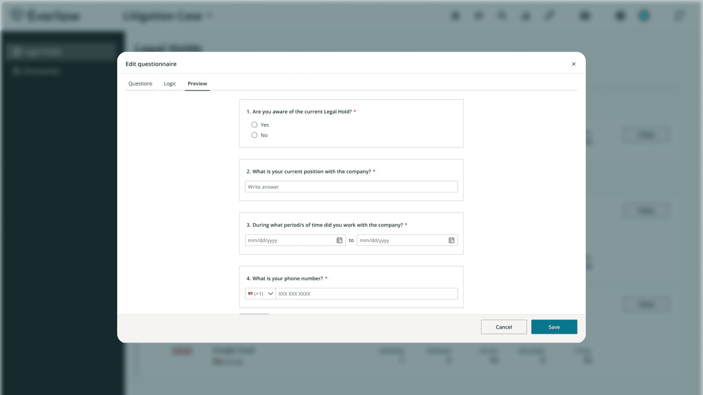 Questionnaire preview screen for reviewing flow and copy before publish.