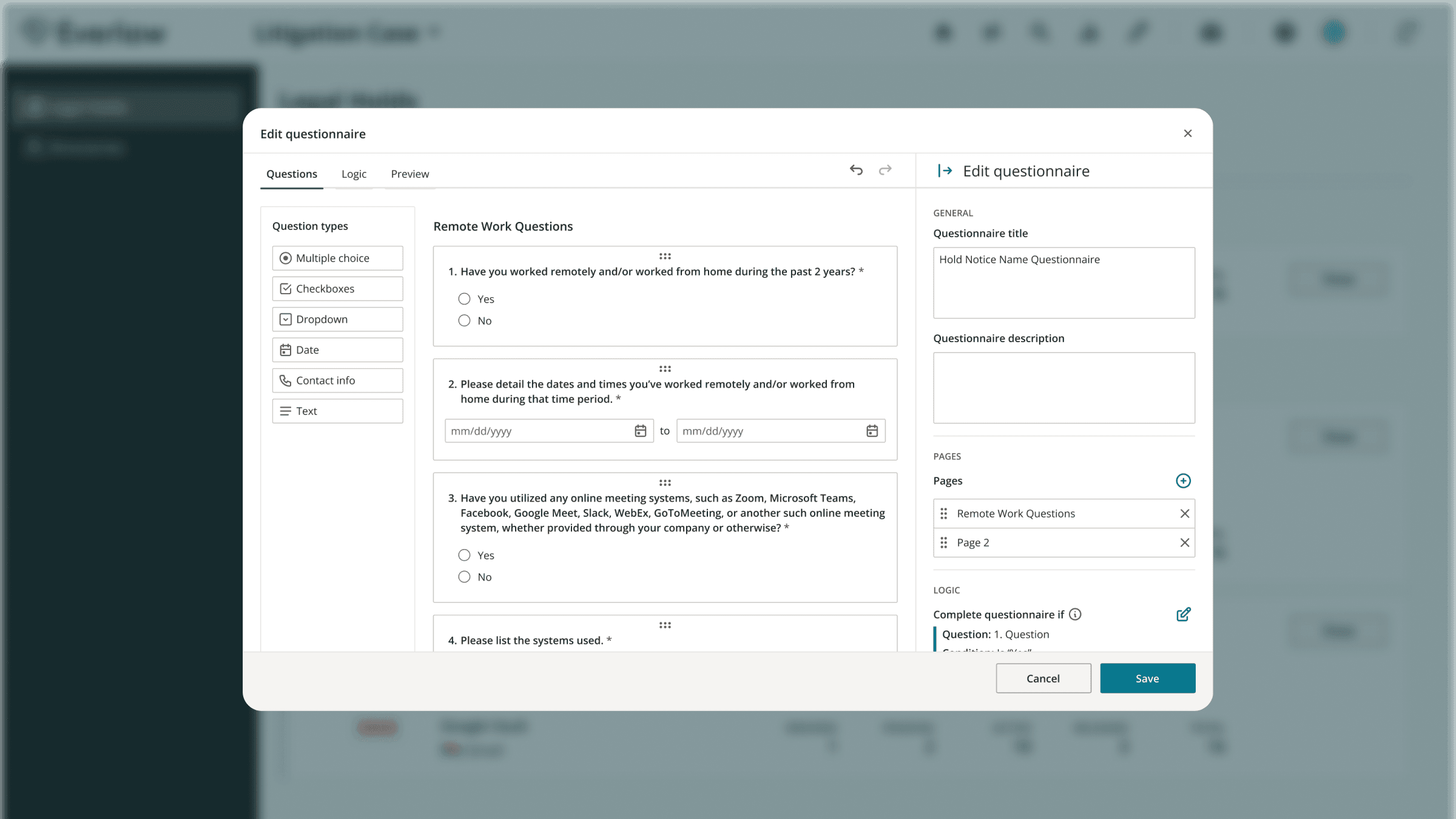 Questionnaire builder screen for creating legal hold questions in Everlaw.