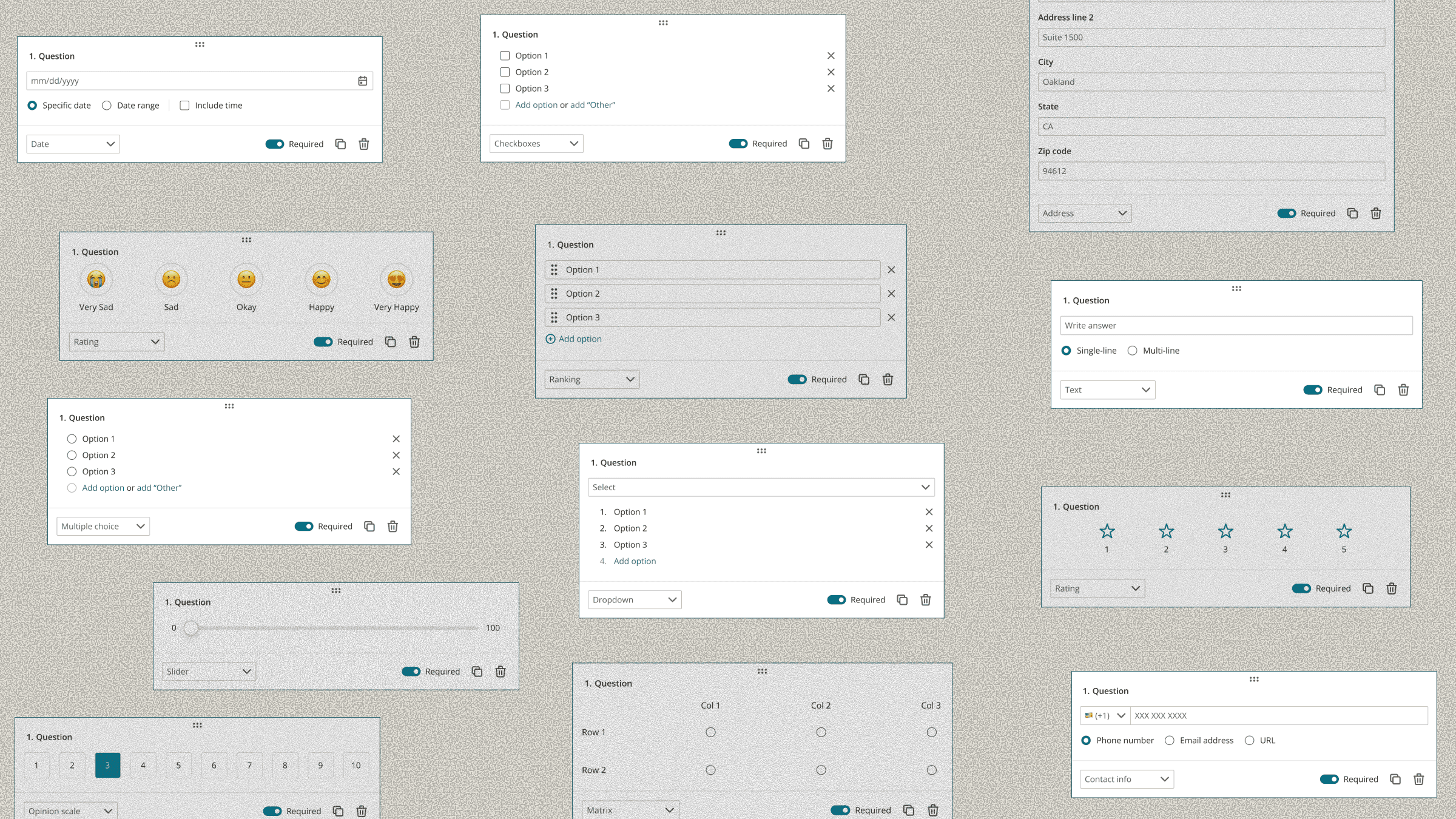 Question type configurations available in the legal hold questionnaire builder.