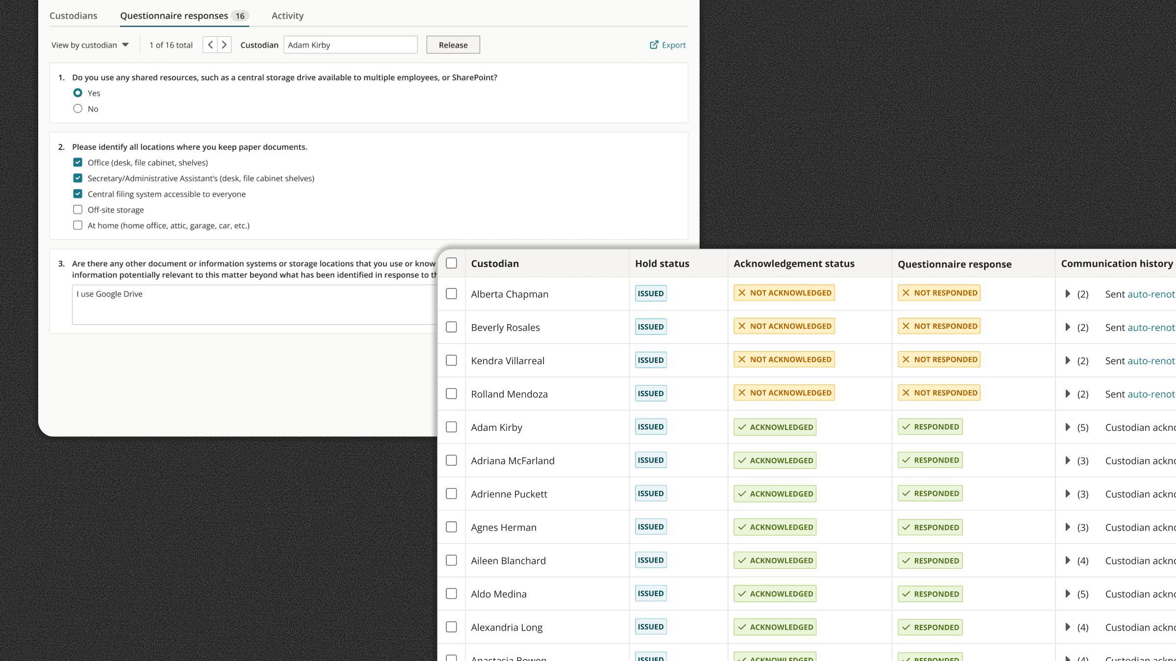 Tracking view for questionnaire responses and completion status in legal holds.