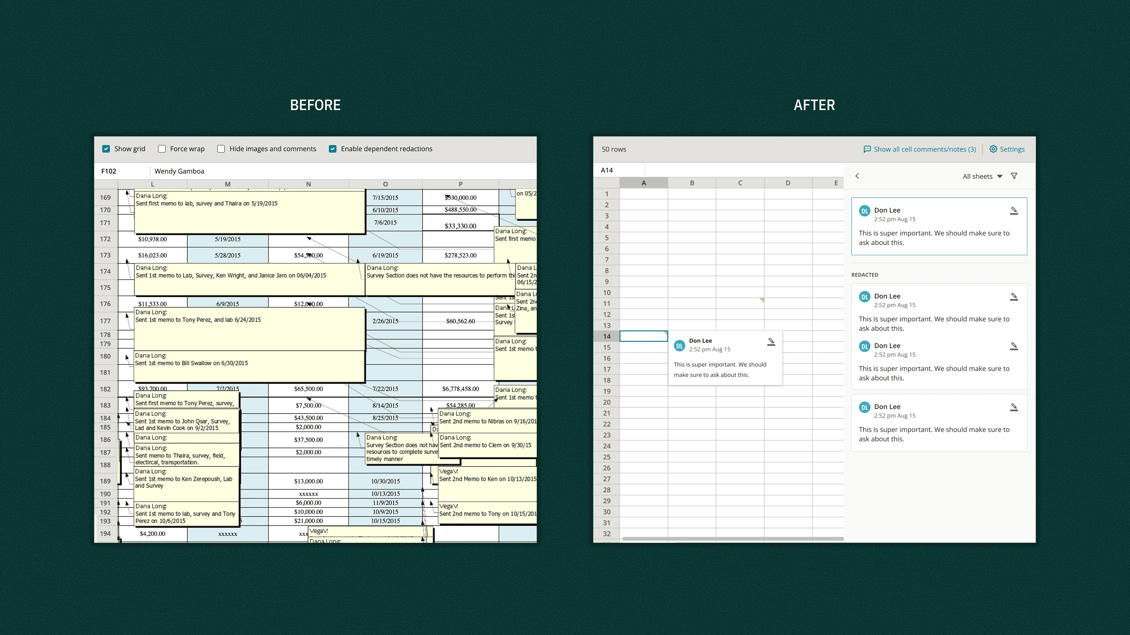 Before and after comparison of spreadsheet comment handling, showing old cluttered overlays versus streamlined side-panel comments.