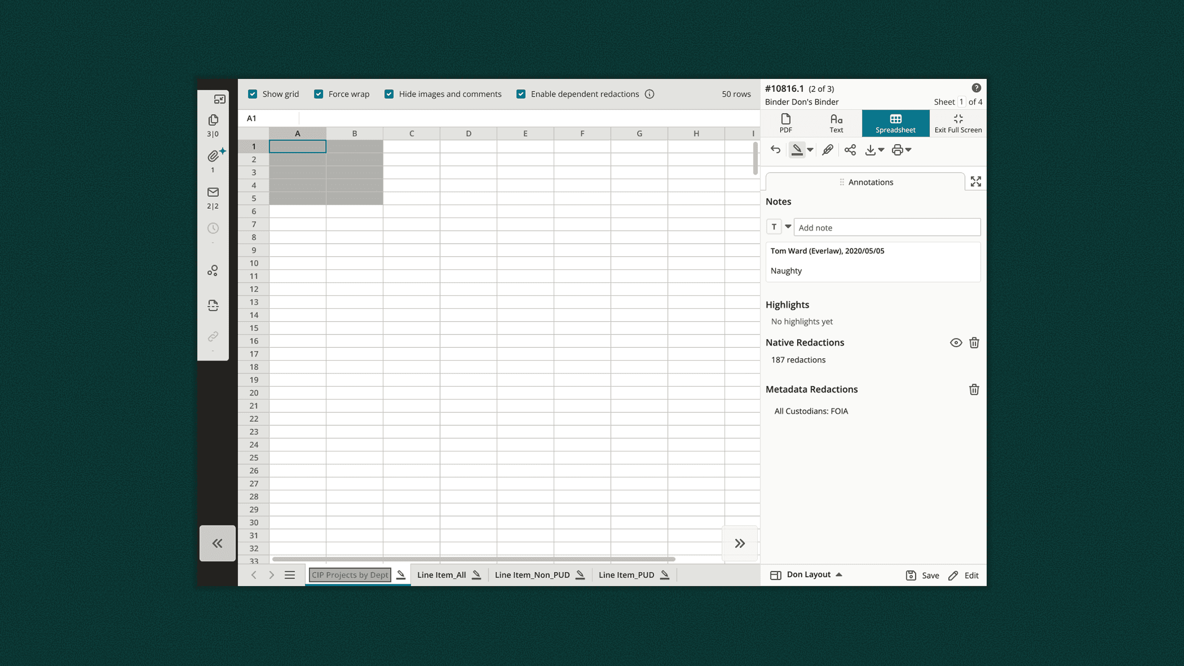 Final spreadsheet redactions workflow with coordinated selection, redaction, and validation steps.