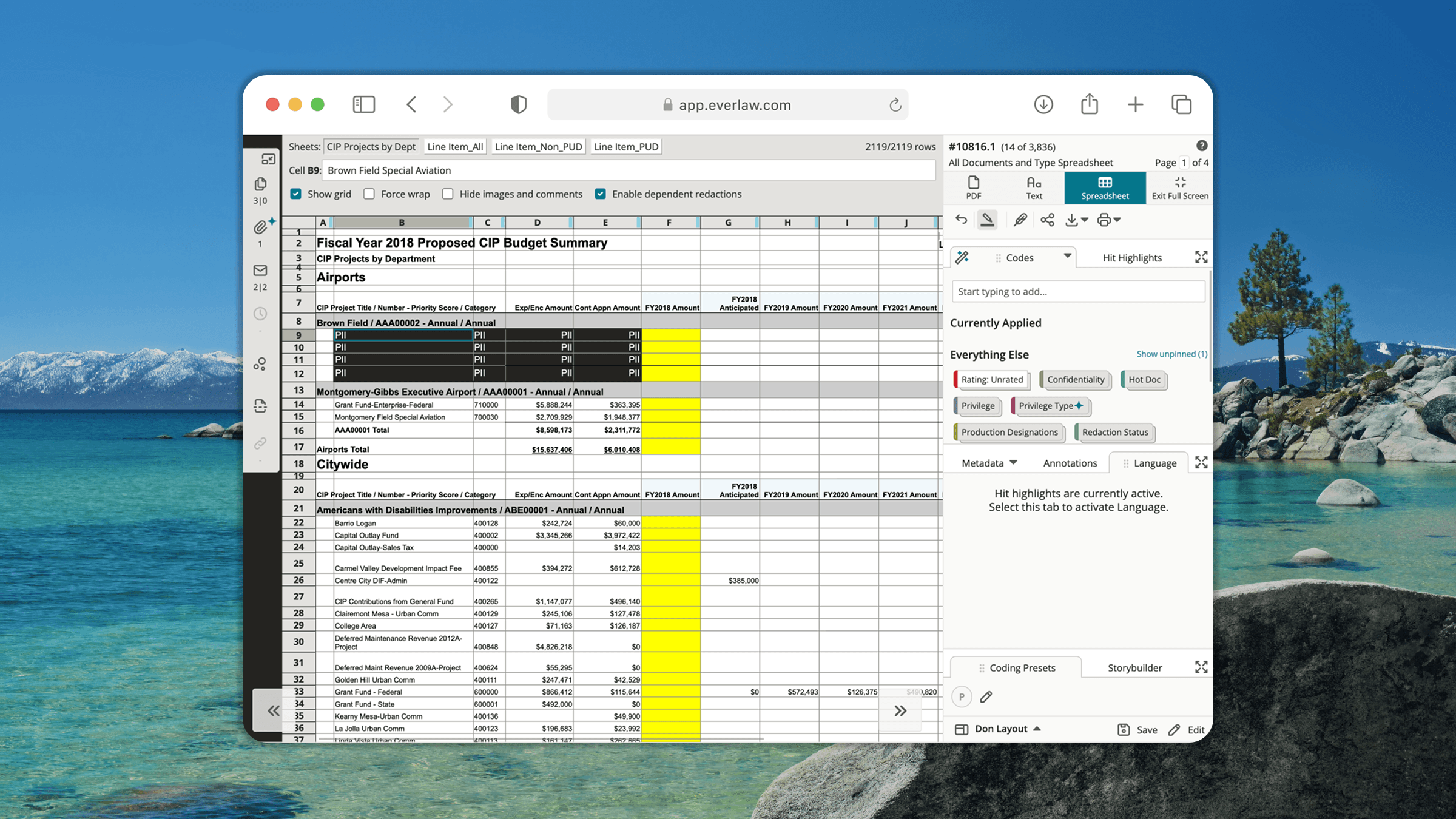 Original Everlaw spreadsheet redaction experience with single-cell redaction workflow.