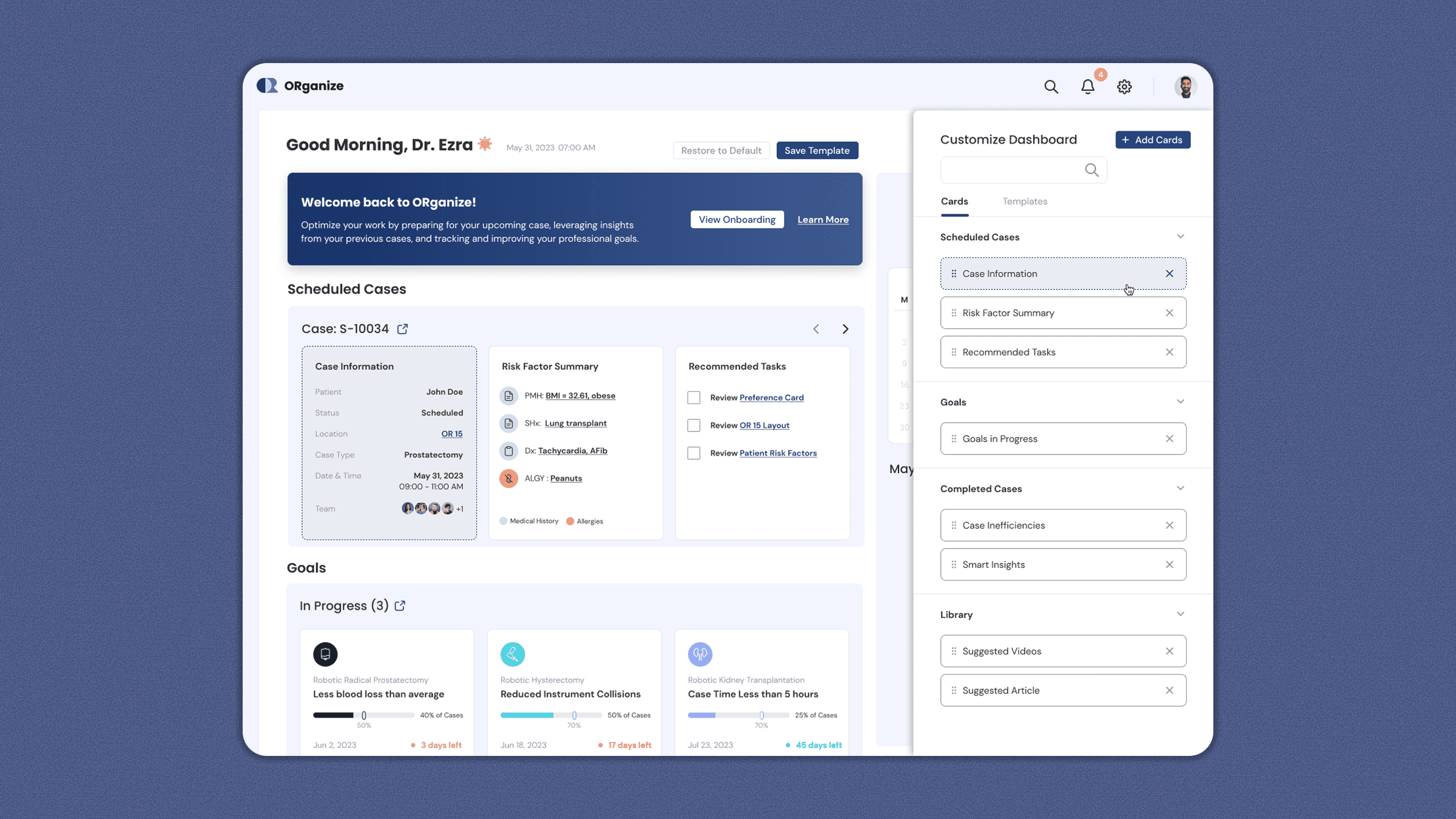 Customizable dashboard for robotic surgery command center with configurable widgets.