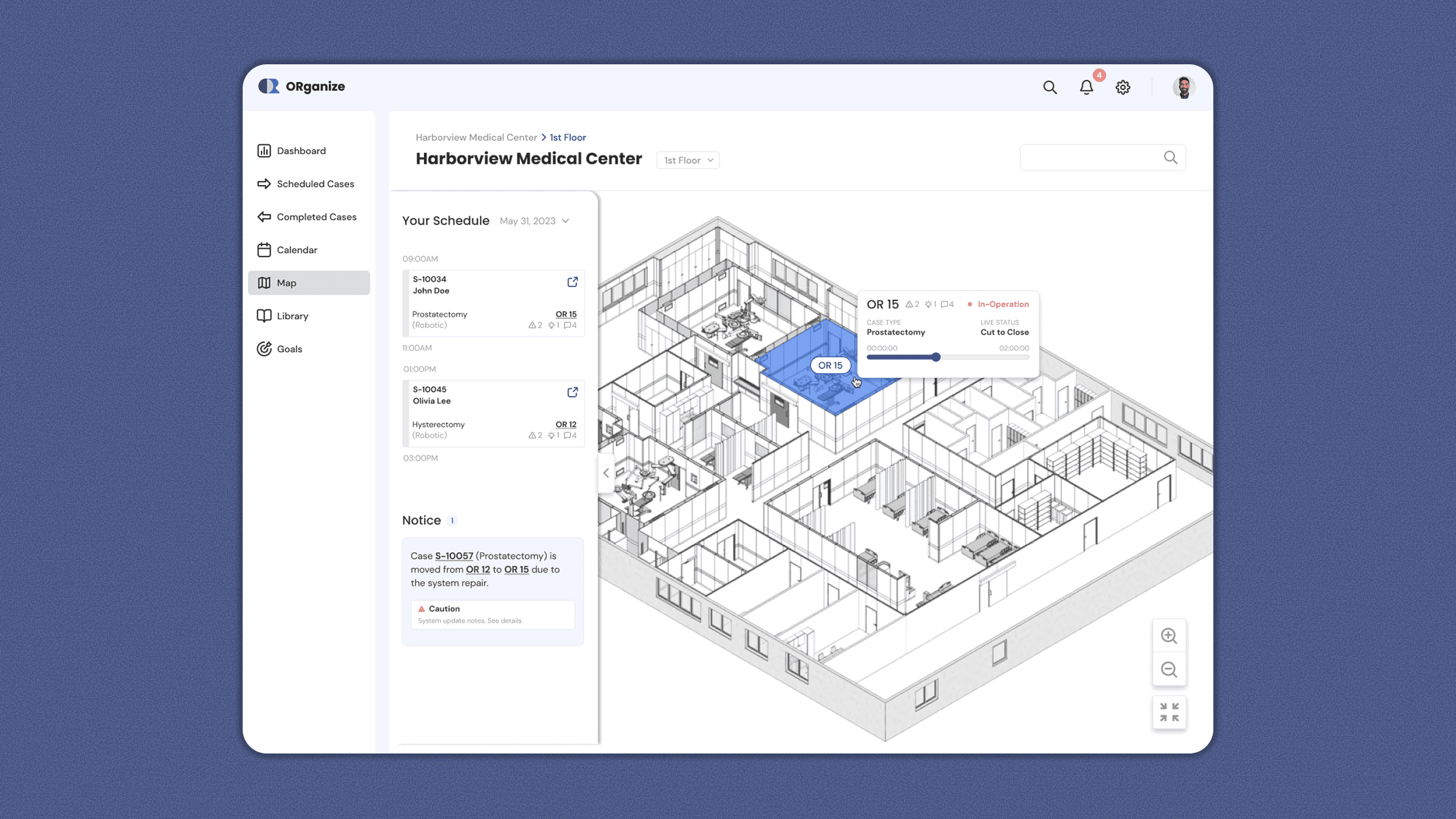 Hospital floor map with room and case positioning for robotics coordination.