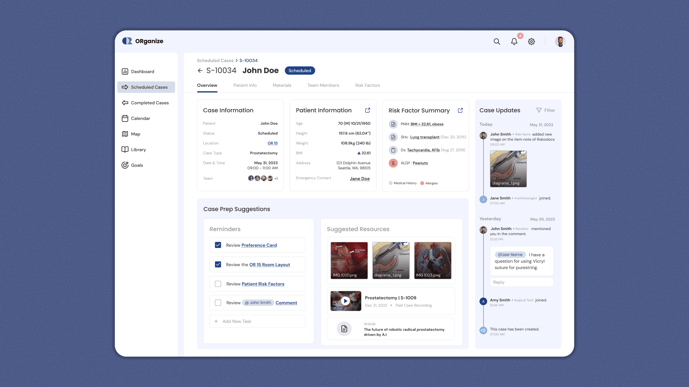 Scheduled cases list showing upcoming robotic surgery procedures and OR assignments.