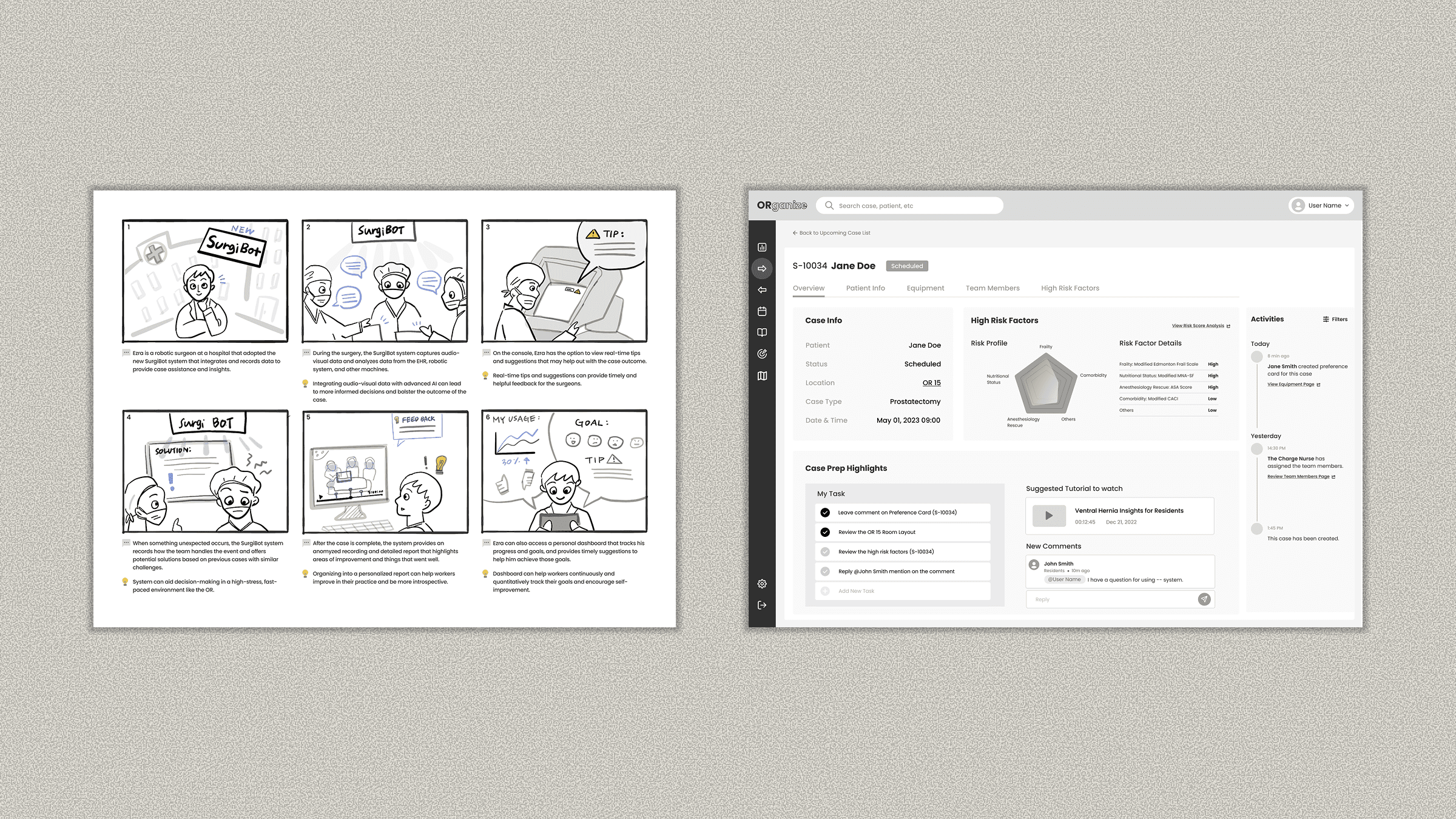 Storyboard and low-fidelity design explorations for the robotic surgery workflow.