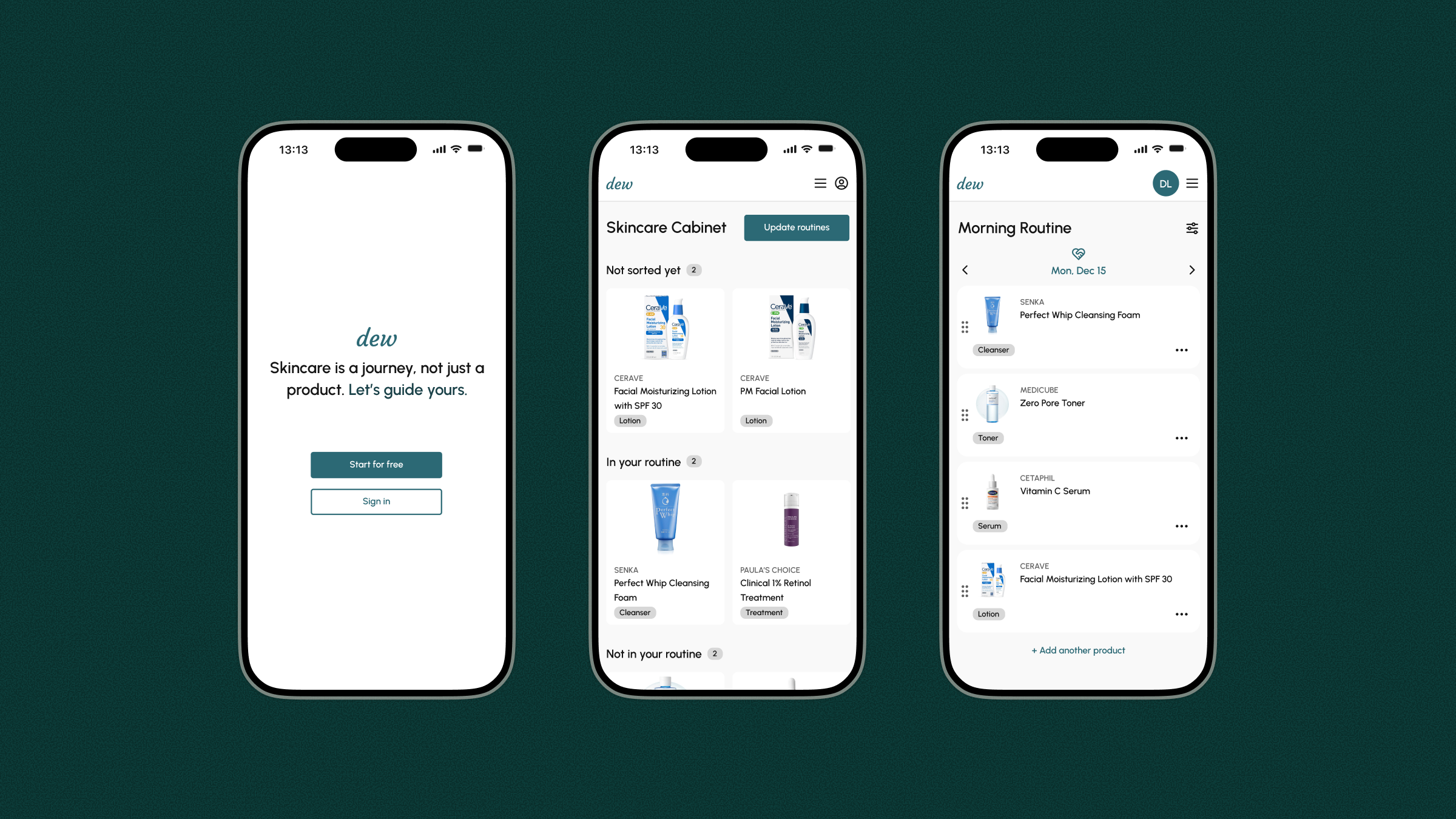 Dew skincare app: onboarding, skincare cabinet, and morning routine screens on three phone mockups.